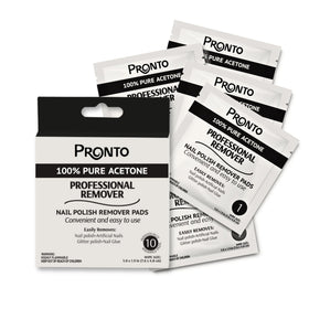 Pronto front packaging showing 10 individually wrapped acetone nail remover pads for fast removal