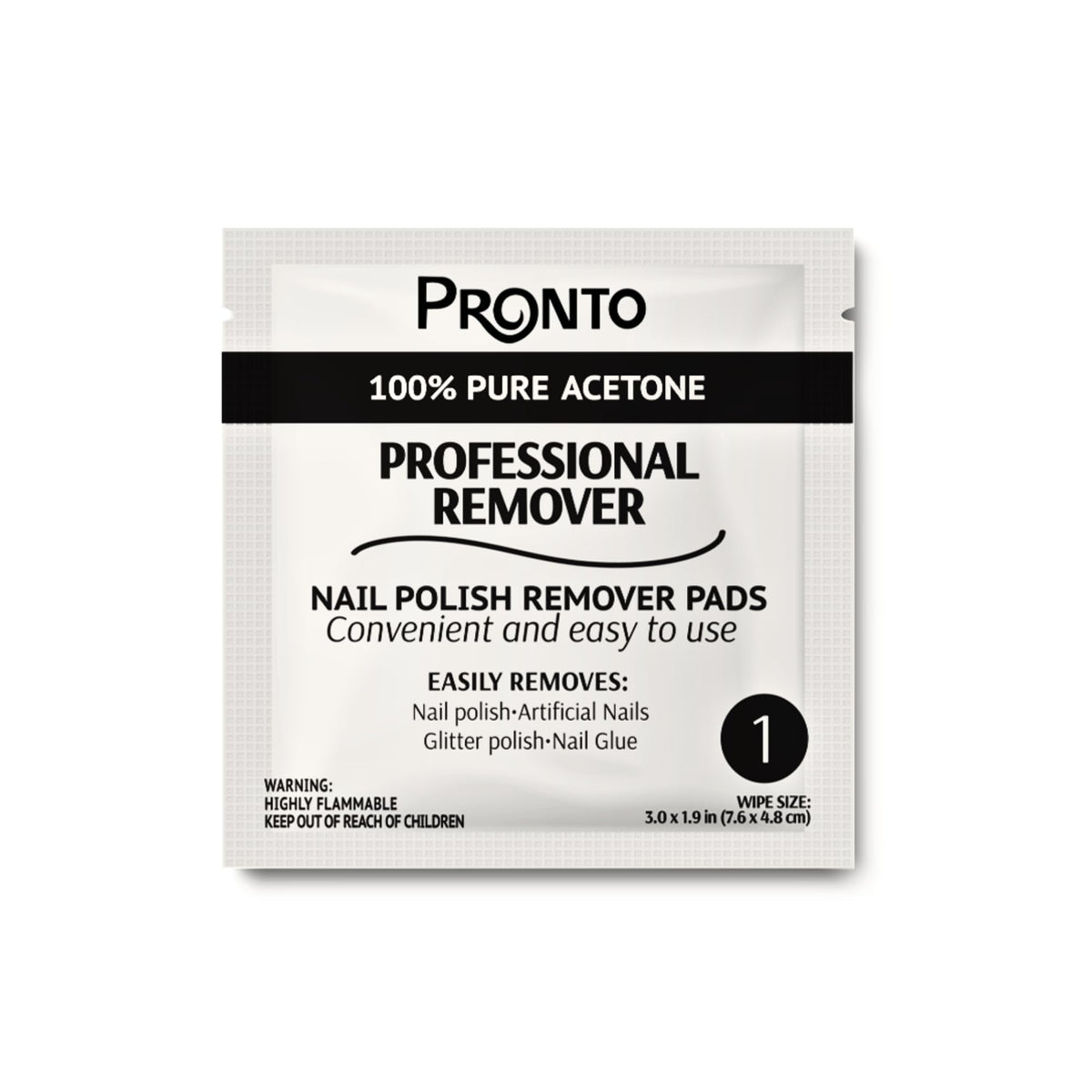 Pronto individually wrapped acetone pad unsealed ready to remove polish with mess-free application