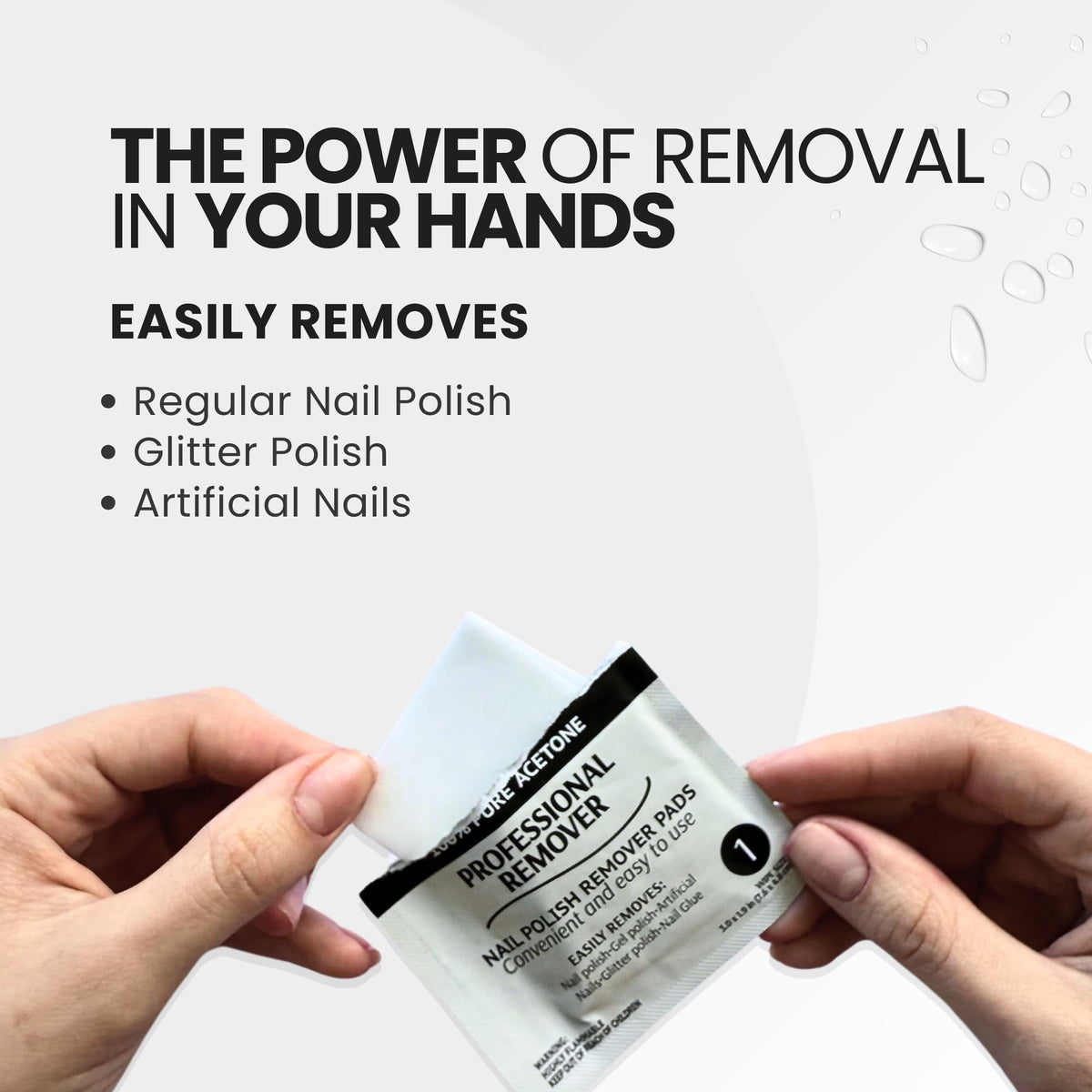 Pronto pad in use removing glitter polish from a fingernail for quick salon-quality results