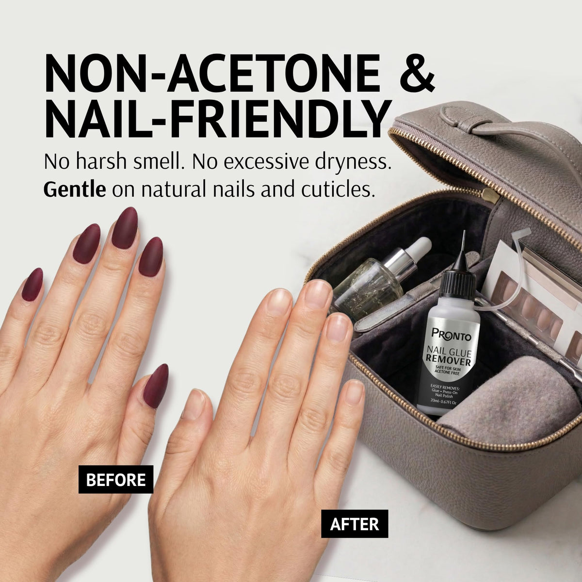 Pronto bottle next to hand and manicure tools showing portable kit benefit