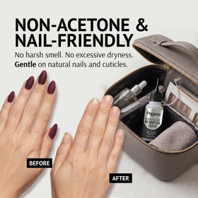 Pronto bottle next to hand and manicure tools showing portable kit benefit