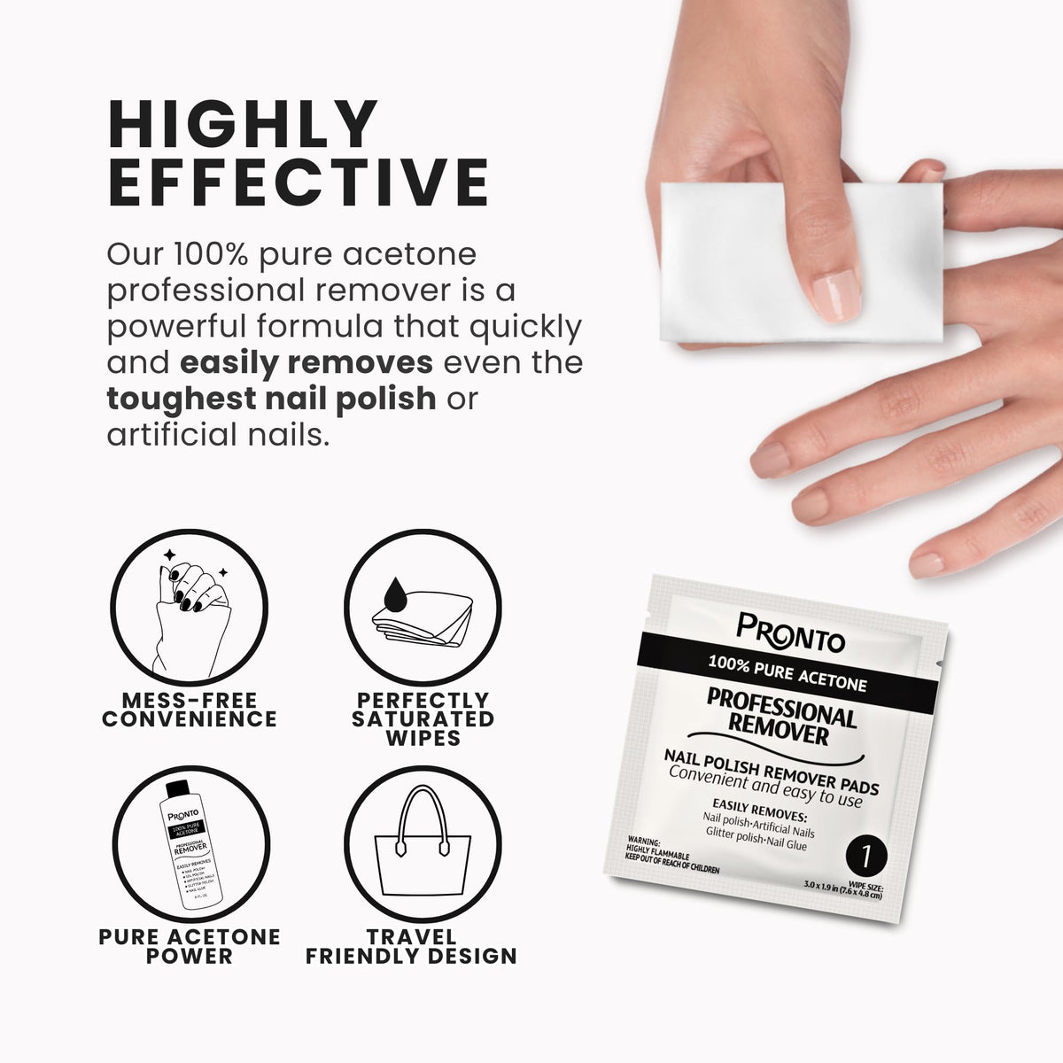 Pronto pad next to a hand for scale showing compact, travel-friendly nail polish remover convenience