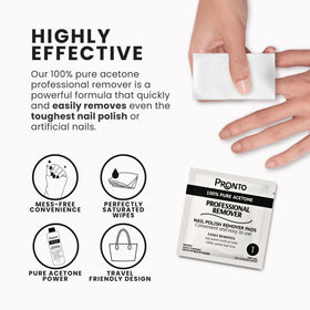 Pronto pad next to a hand for scale showing compact, travel-friendly nail polish remover convenience
