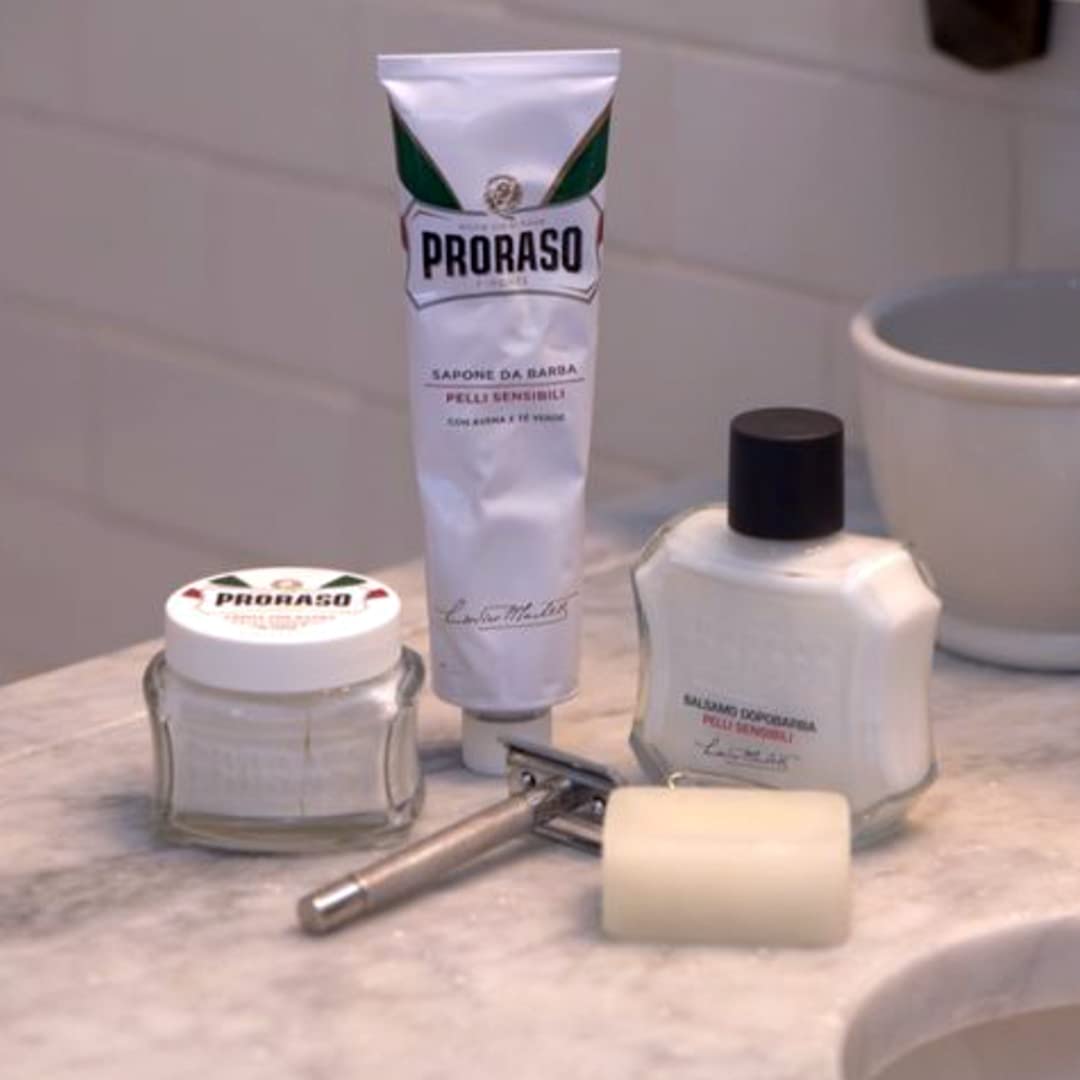 Proraso alum block applied to face demonstrating soothing post-shave benefit