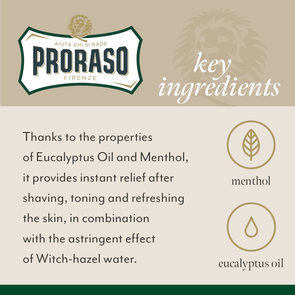Proraso back label with ingredients list, clarifies no parabens benefit