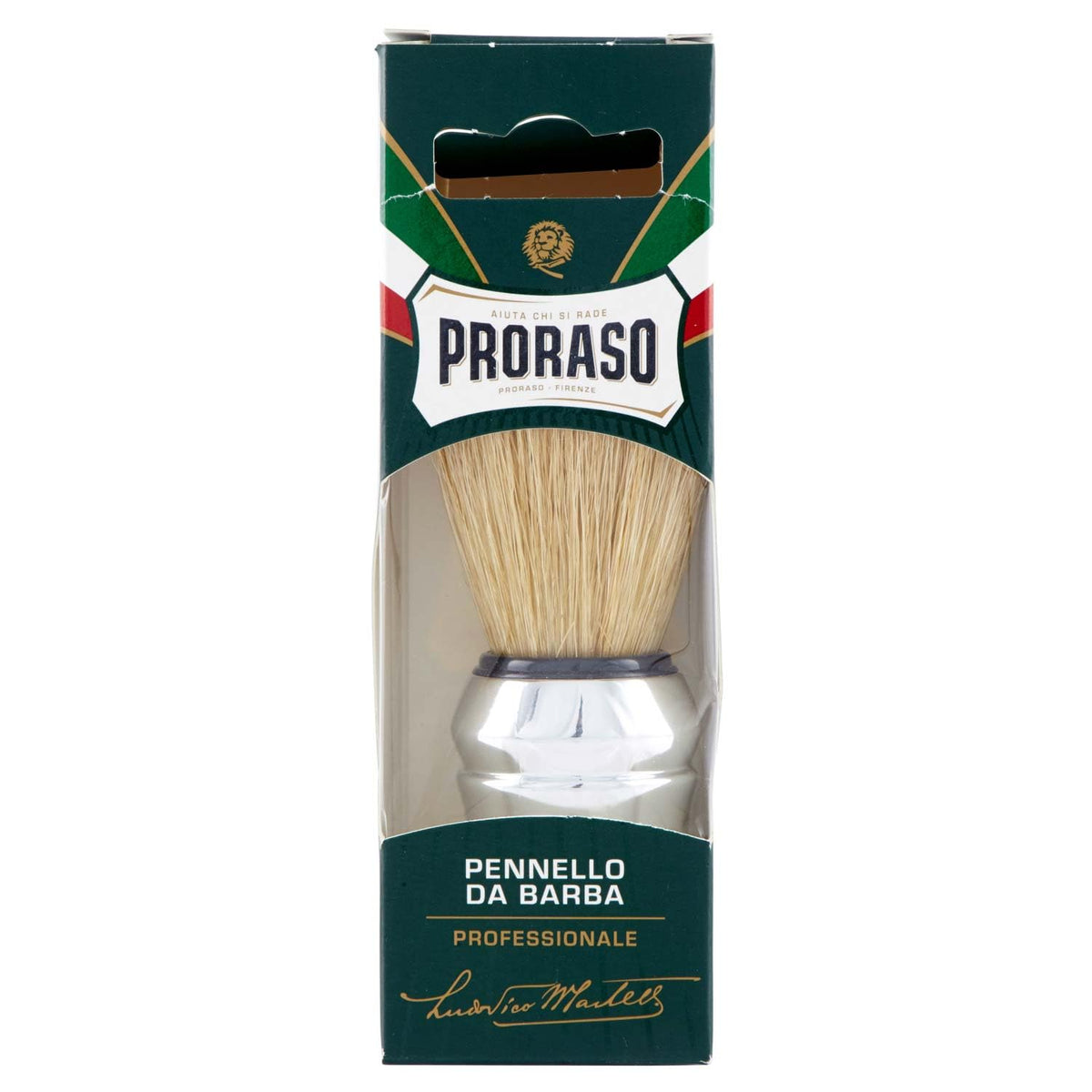 Proraso brush front view showing boar bristles and sturdy handle for improved lathering
