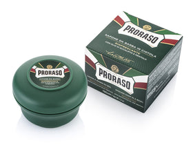 Proraso front bowl showing label and aromatic eucalyptus benefit