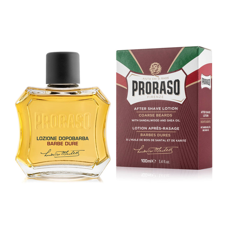 Proraso bottle front view showing sandalwood and shea branding and benefits
