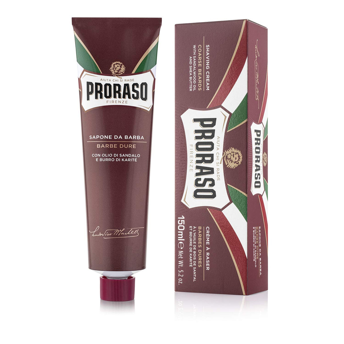 Proraso tube front view showing sandalwood and shea branding and benefit