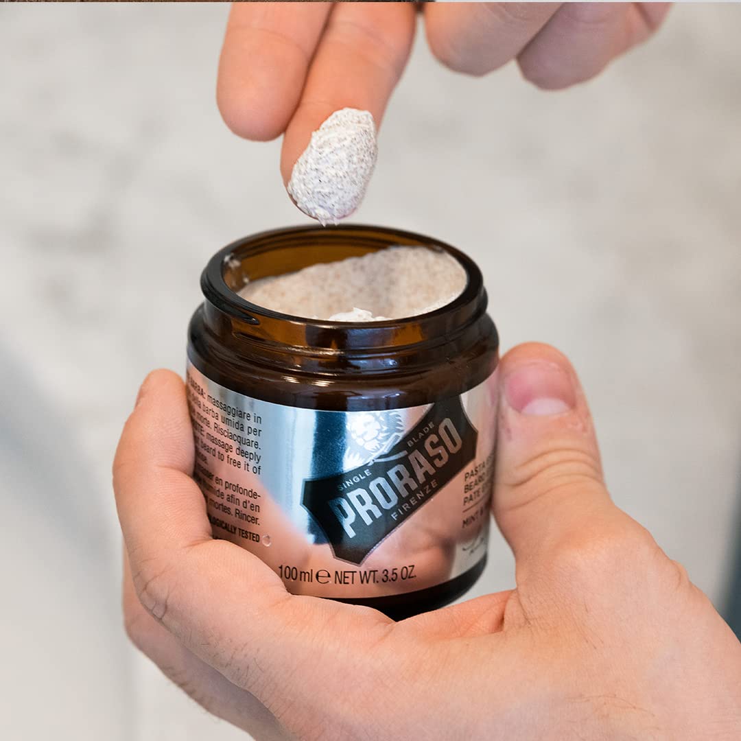 Proraso almond and hazelnut shells depiction highlighting natural exfoliants and gentle scrub benefit