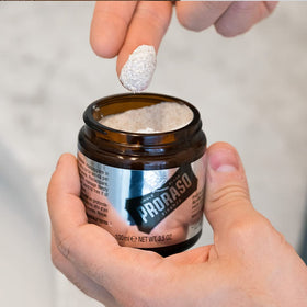 Proraso almond and hazelnut shells depiction highlighting natural exfoliants and gentle scrub benefit