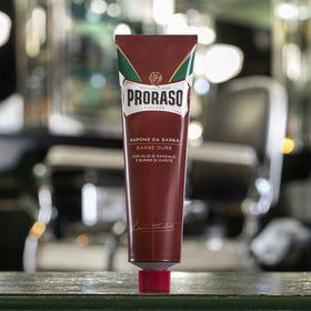 Close-up of Proraso label highlighting natural ingredients and clean formulation