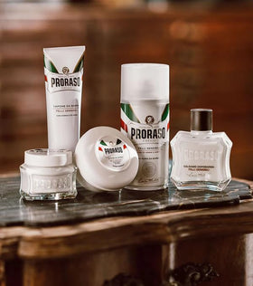 Proraso rich lather on face during shave offering skin cushioning benefit