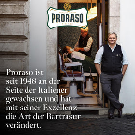 Proraso label detail highlighting Italian origin and clean formulation