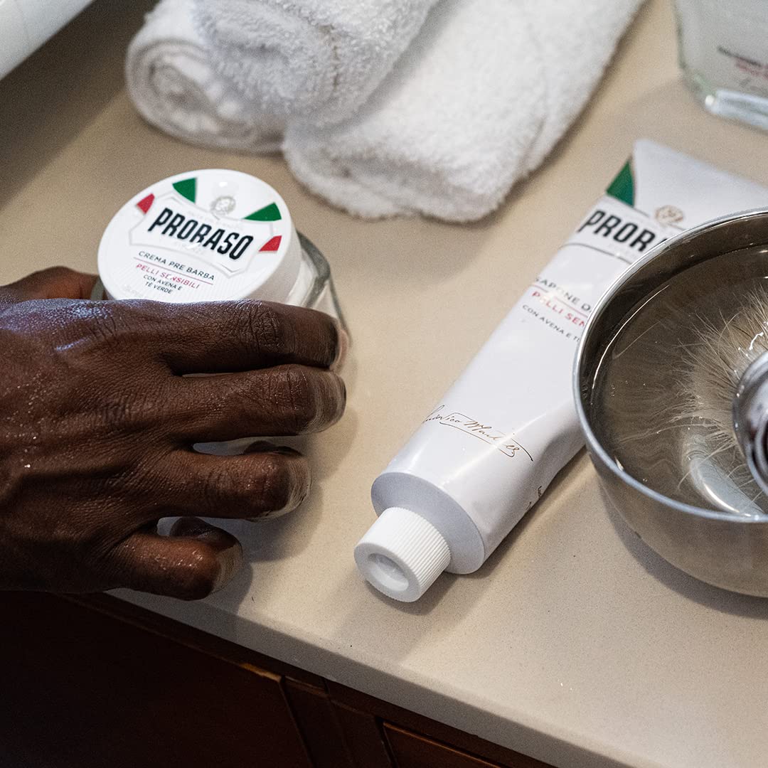 Proraso product label close-up highlighting ingredients and no-paraben benefits