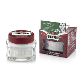 Proraso jar front packaging showing label and sandalwood scent benefits