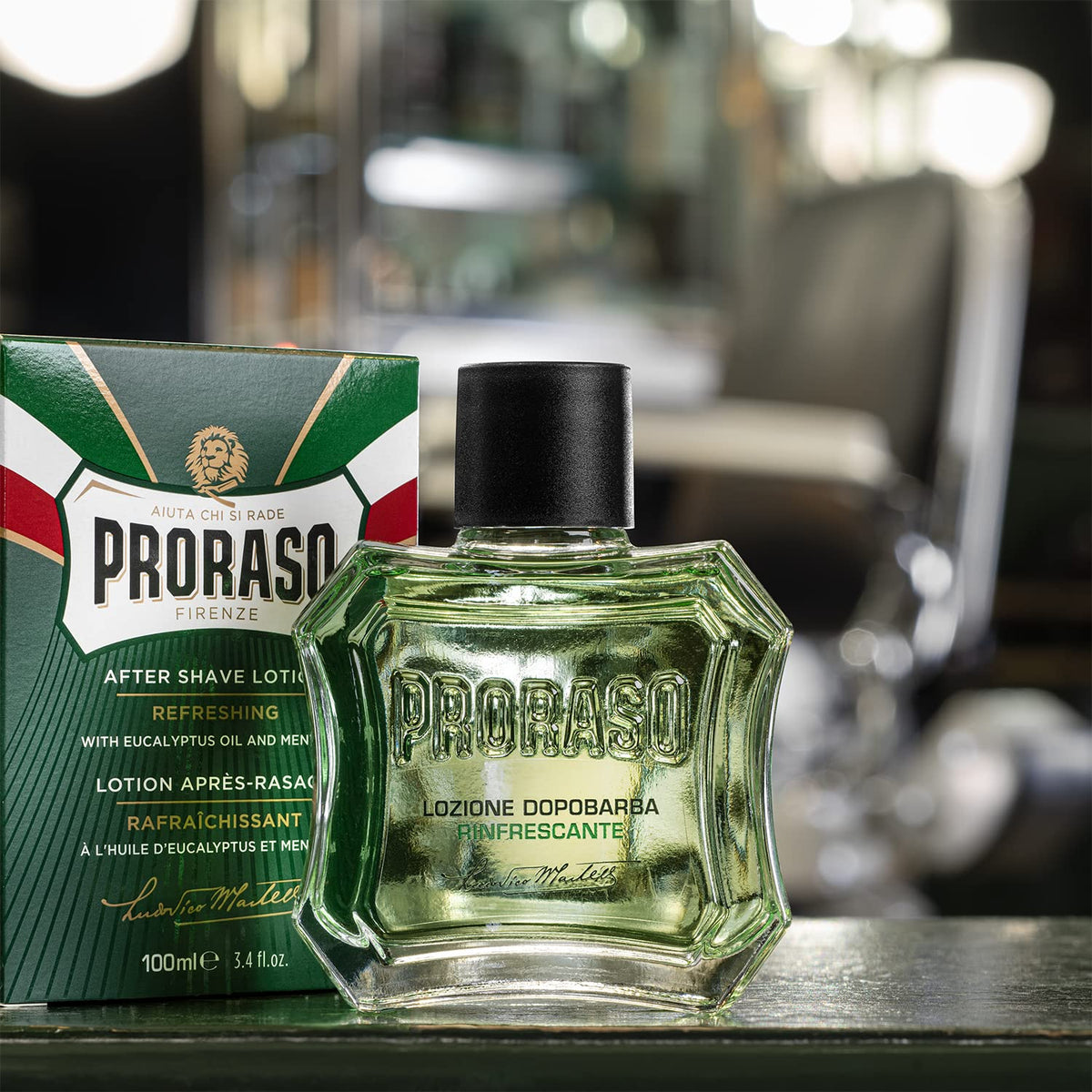 Proraso bottle beside a ruler for 3.4oz size, communicates scale benefit