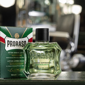 Proraso bottle beside a ruler for 3.4oz size, communicates scale benefit