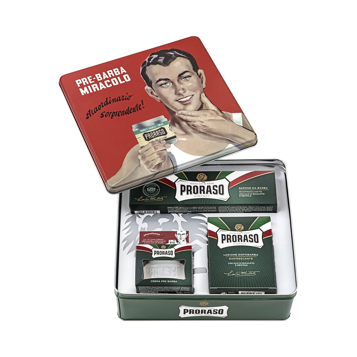 Proraso vintage gino tin front view showing eucalyptus scent and collectible packaging benefit