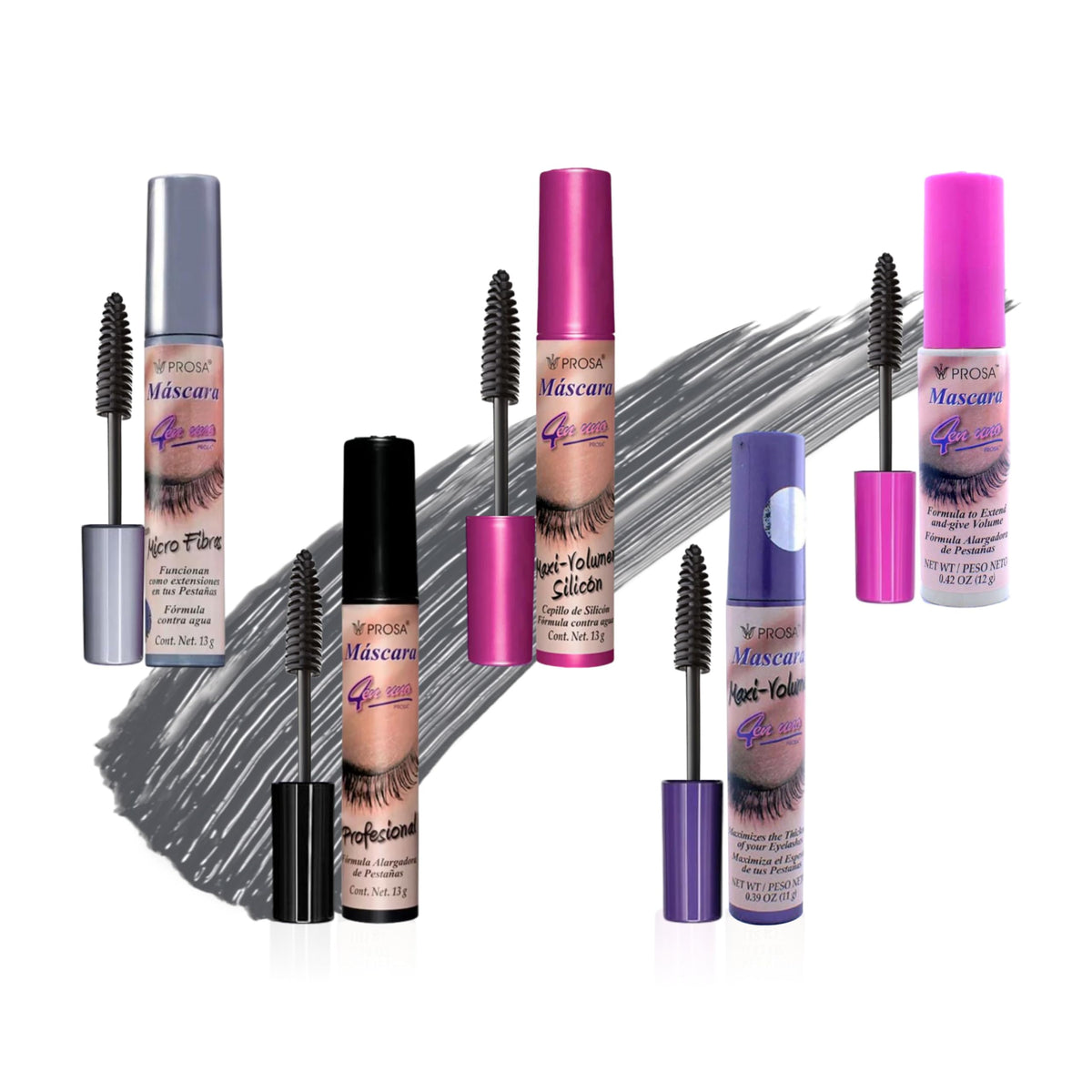 Prosa mascara front packaging showing five tubes and deep ebony shade benefit bold definition