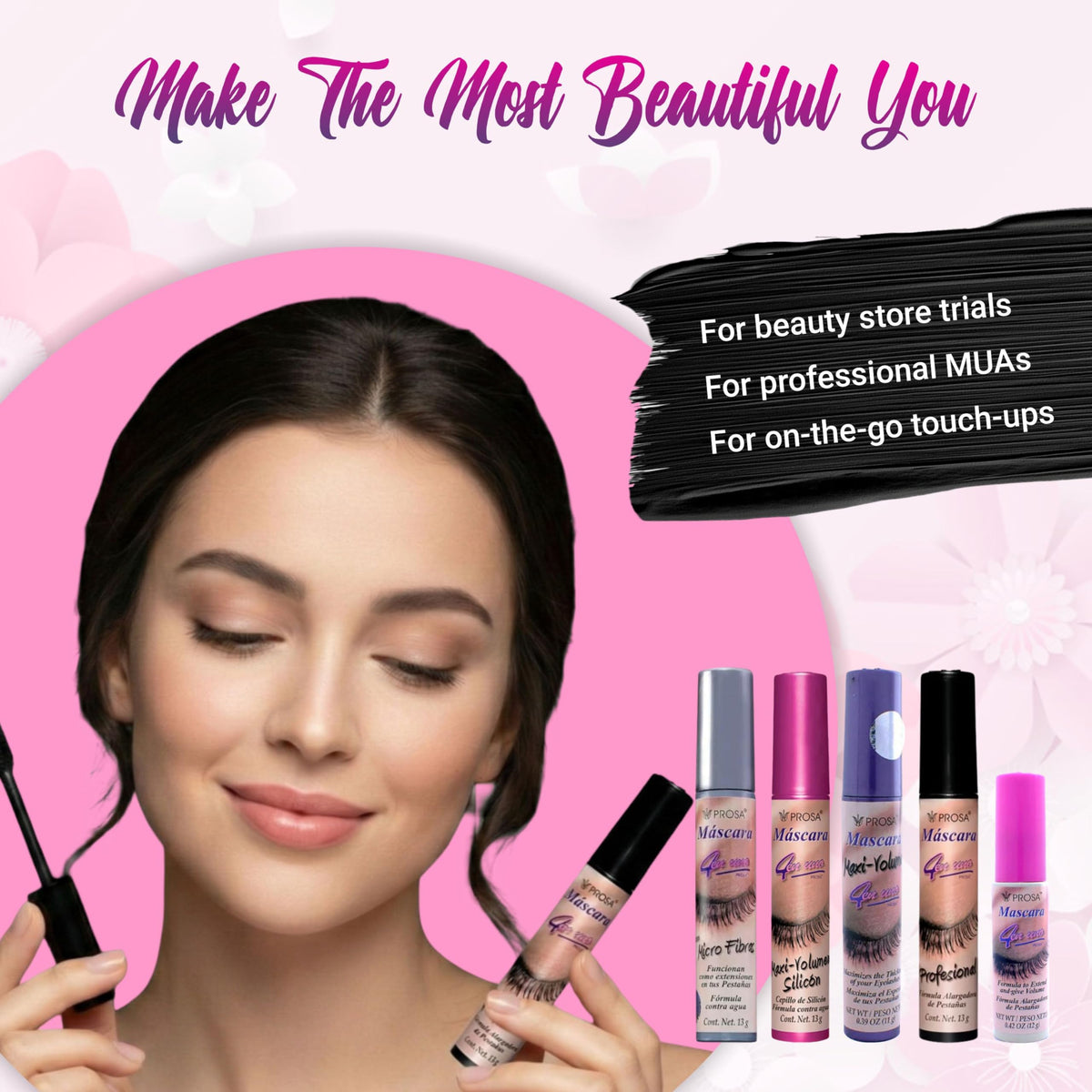 Prosa mascara swiped texture on white card showing creamy buildable formula benefit layered volume