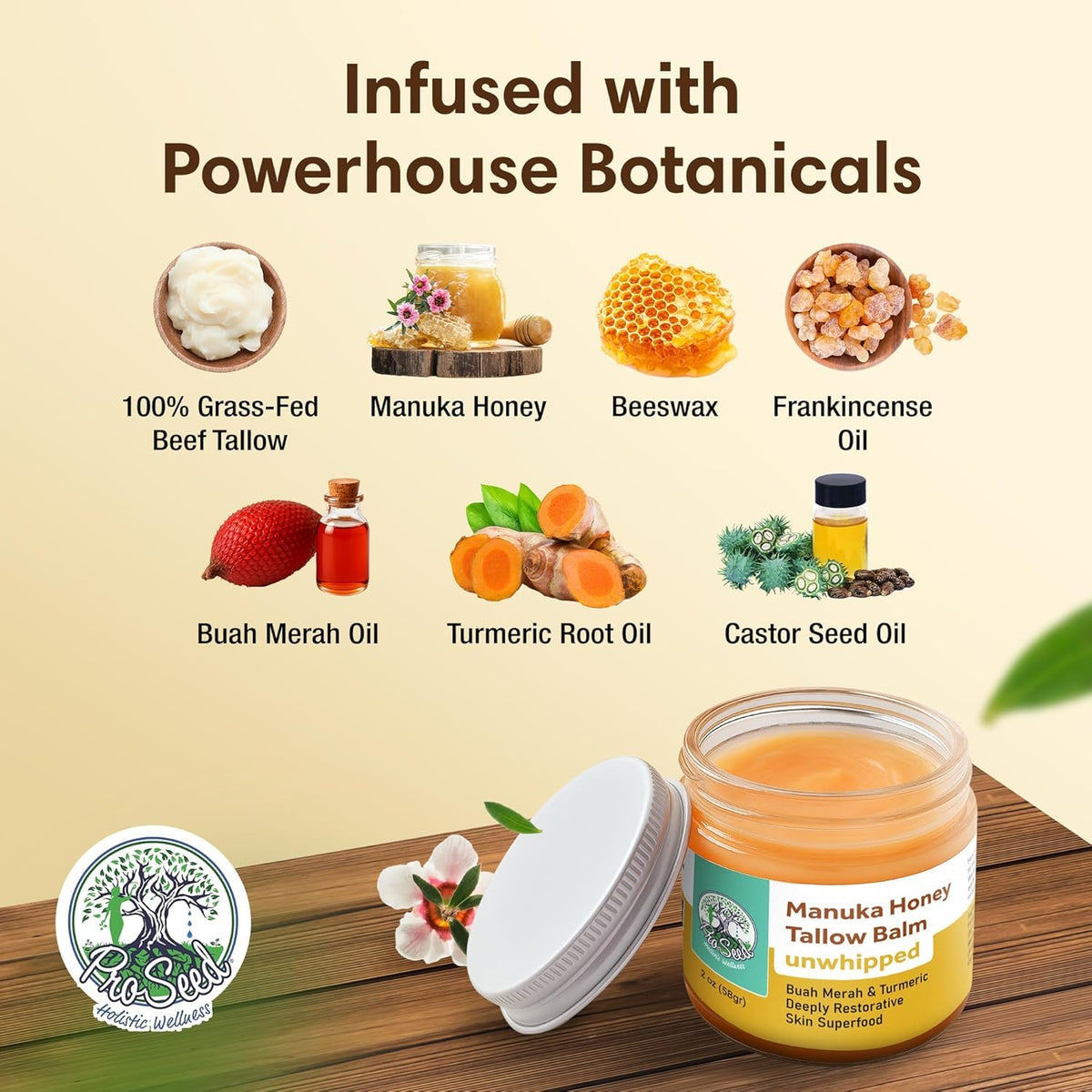 ProSeed Holistic Wellness open jar texture close-up, reveals dense unwhipped balm