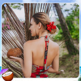 ProSuites hair clip worn at beach showing tropical style and vibrant color benefit: travel-ready