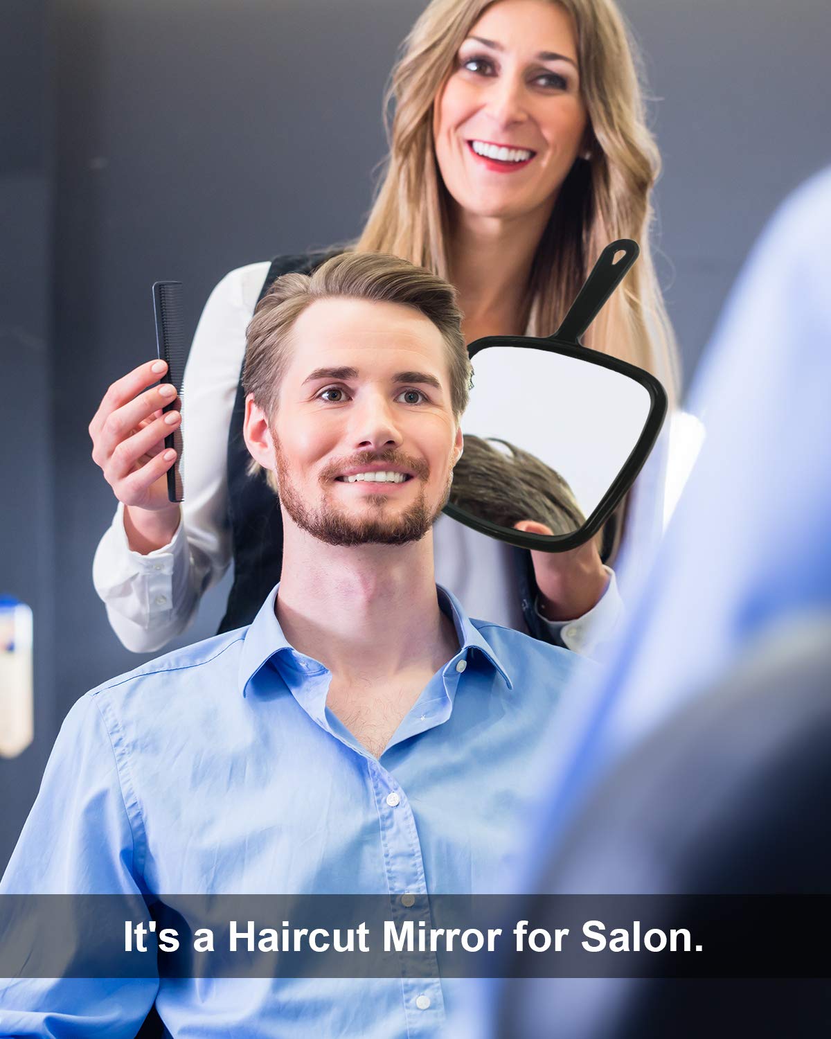 PROTECLE mirror hung on a salon wall demonstrating hands-free viewing benefit
