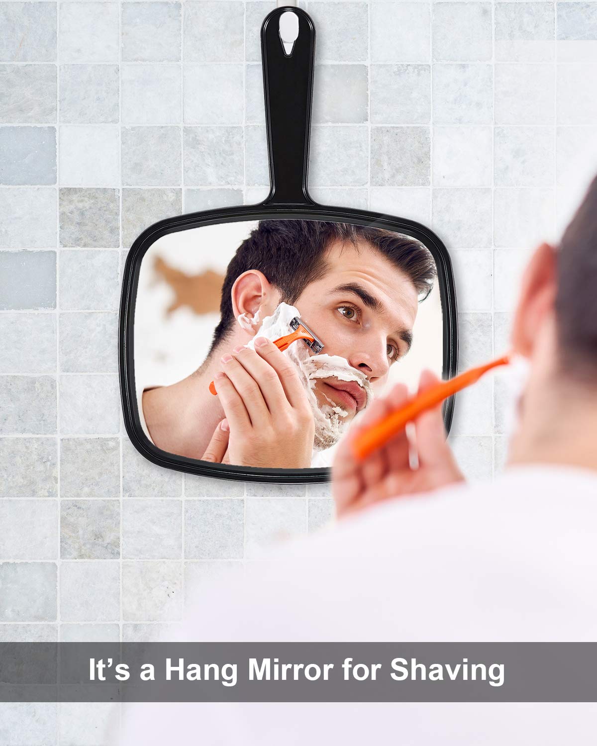 PROTECLE mirror held in hand to show size and easy maneuvering benefit for stylists