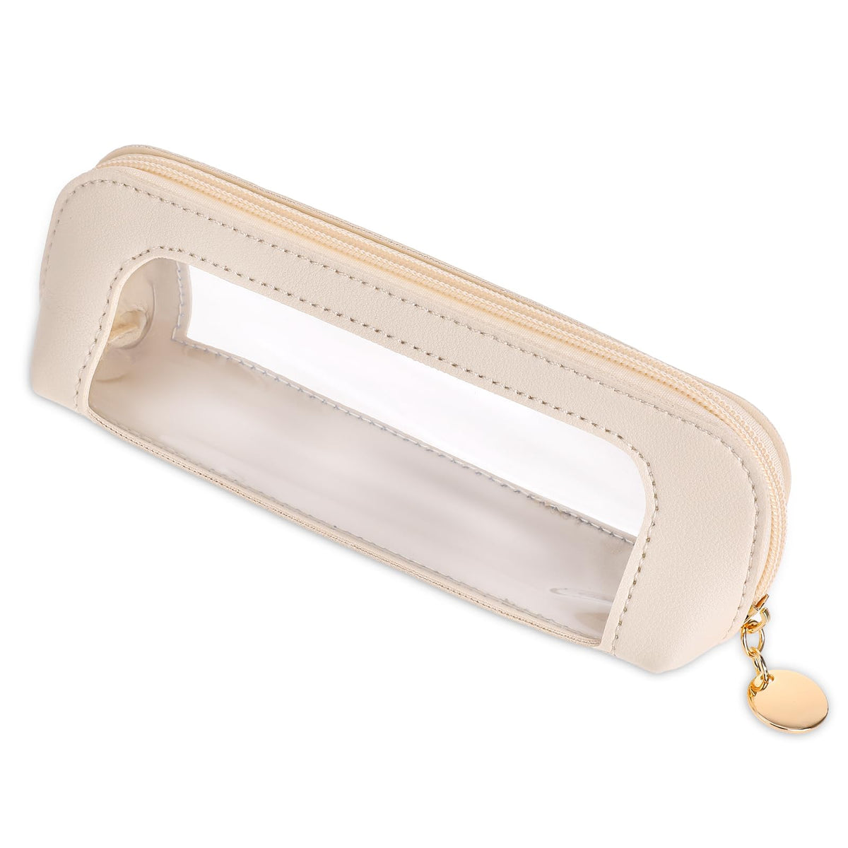 Psyqtsuary beige front view showing compact design and transparent visibility