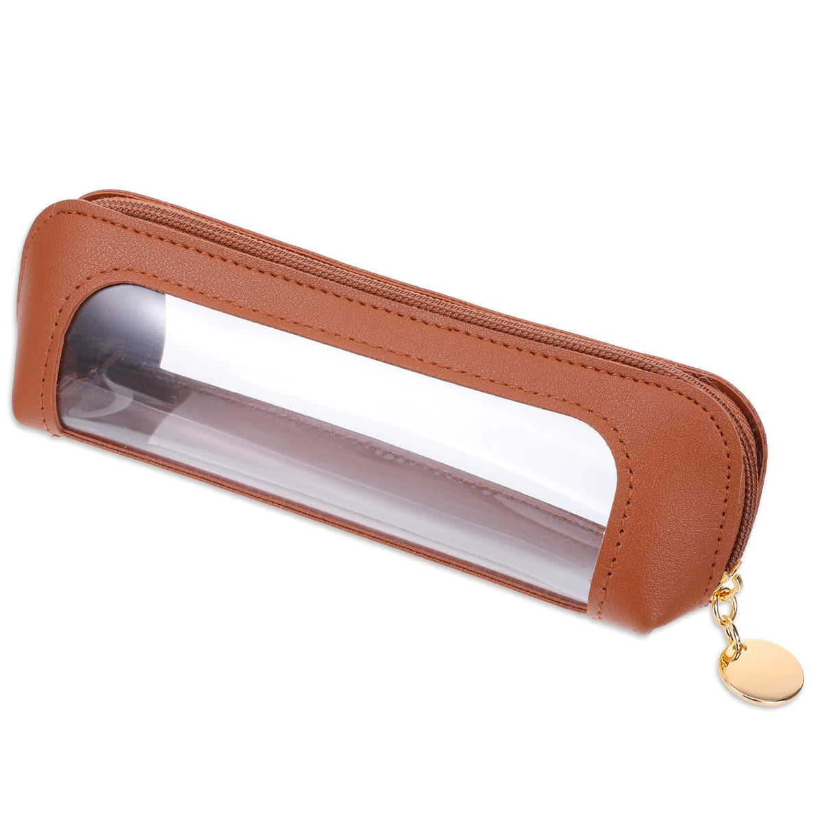 Psyqtsuary front view of brown clear makeup pouch showing compact storage benefit