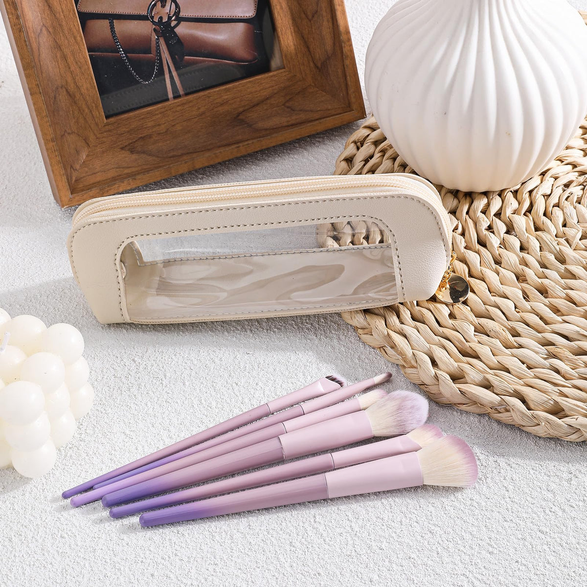 Psyqtsuary pouch holding makeup brushes for quick-access organization