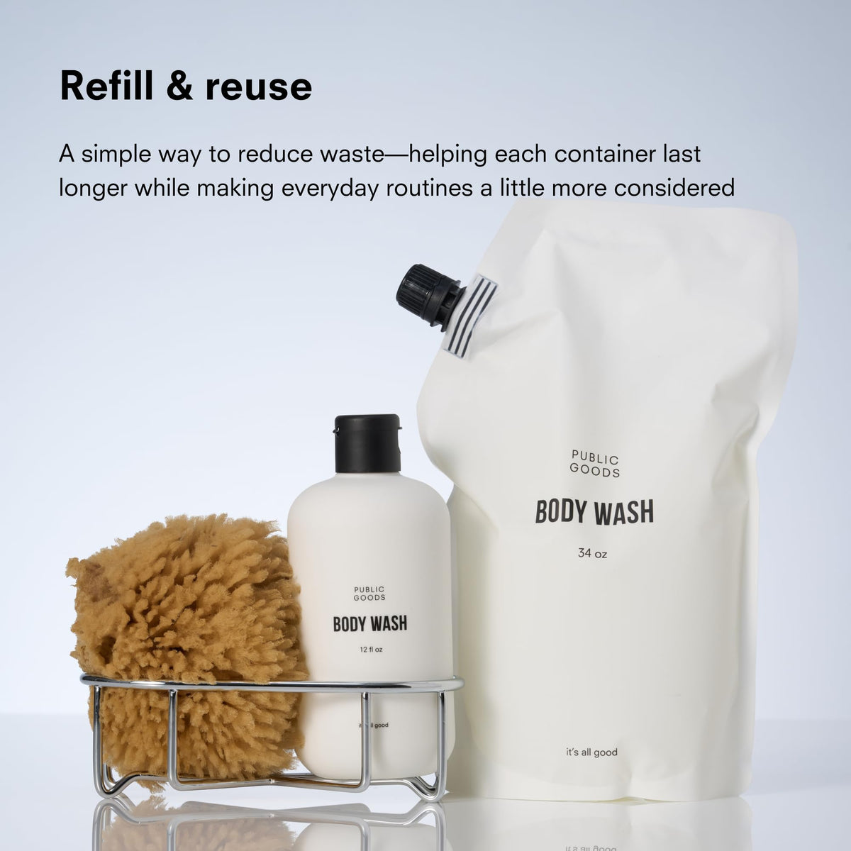 Public Goods bottle displayed in shower setting showing fresh scent and daily use