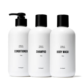 Public Goods front packaging showing three bottles and eco benefit