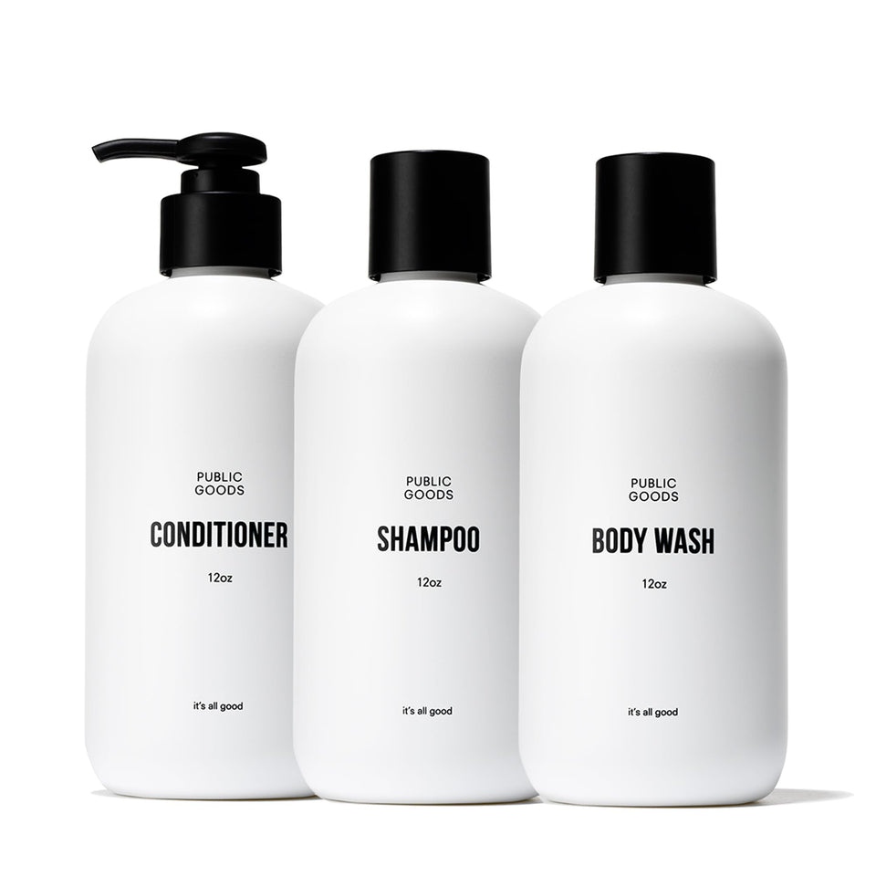Public Goods front packaging showing three bottles and eco benefit