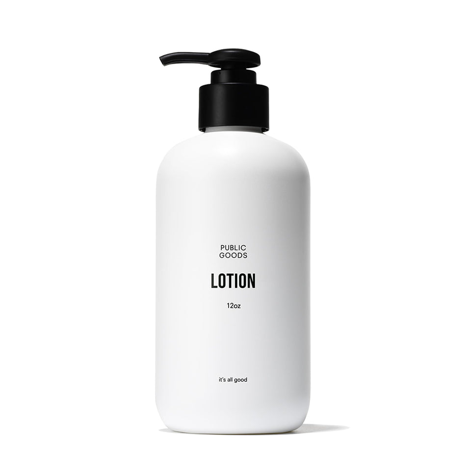 Public Goods front packaging showing 12 fl oz lotion and clear branding for easy shelf recognition