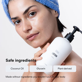 Public Goods applying lotion to hands, fast-absorbing moisture for dry skin