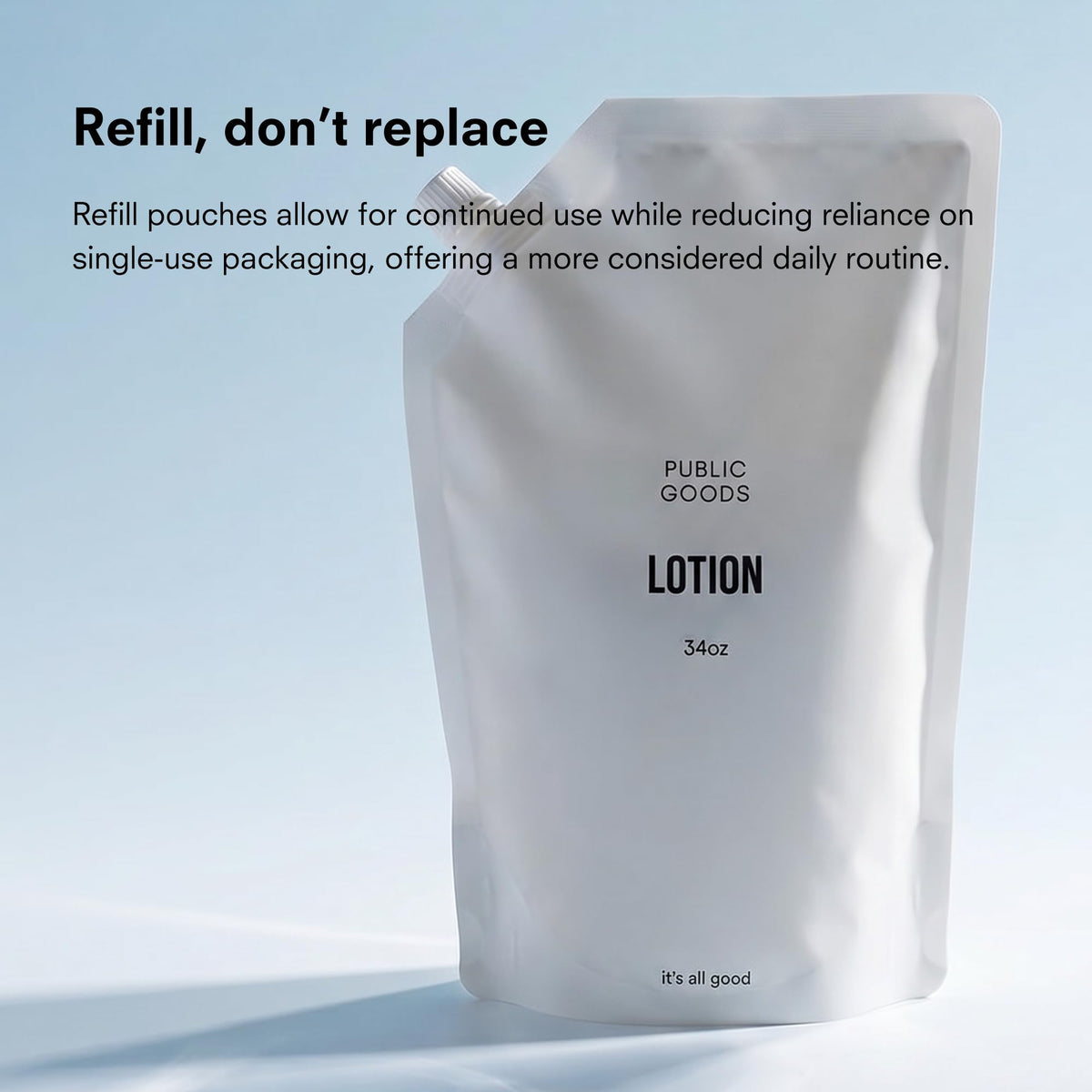 Public Goods lotion on bathroom shelf in lifestyle setting communicating eco-friendly daily use