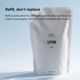 Public Goods lotion on bathroom shelf in lifestyle setting communicating eco-friendly daily use