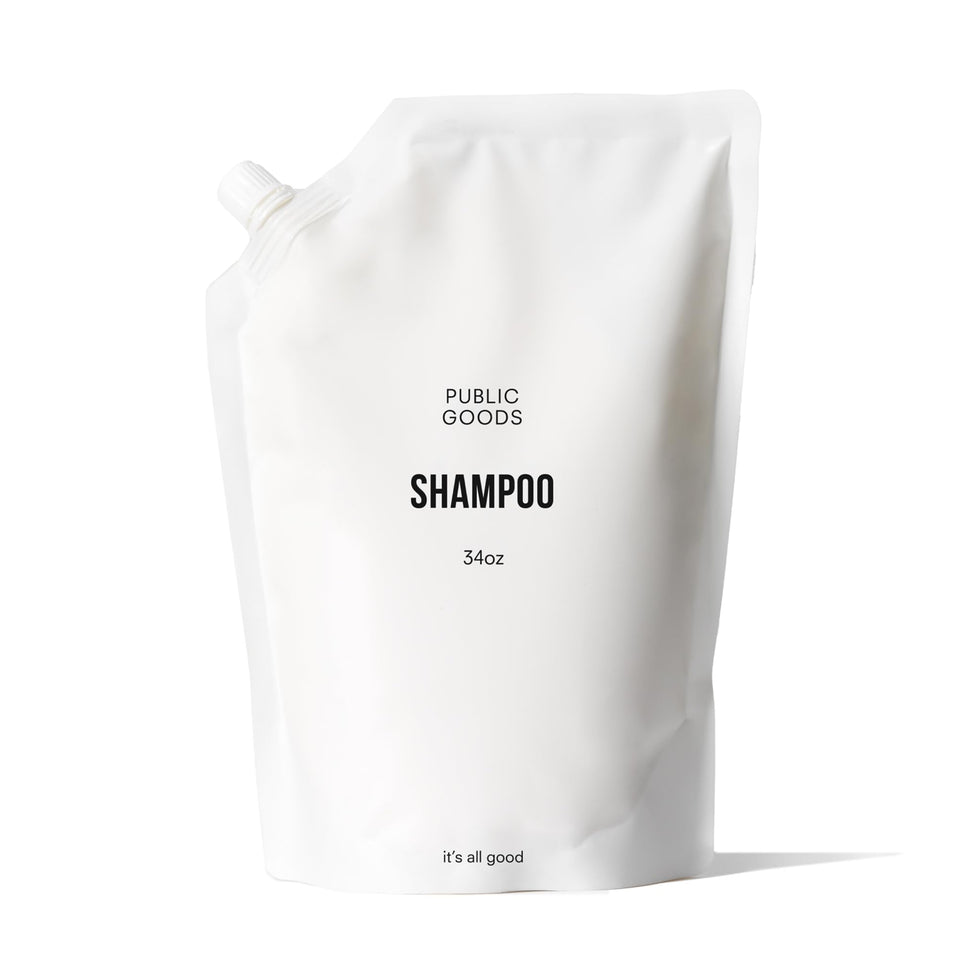 Public Goods shampoo front view showing bottle and refill design, promotes sustainability