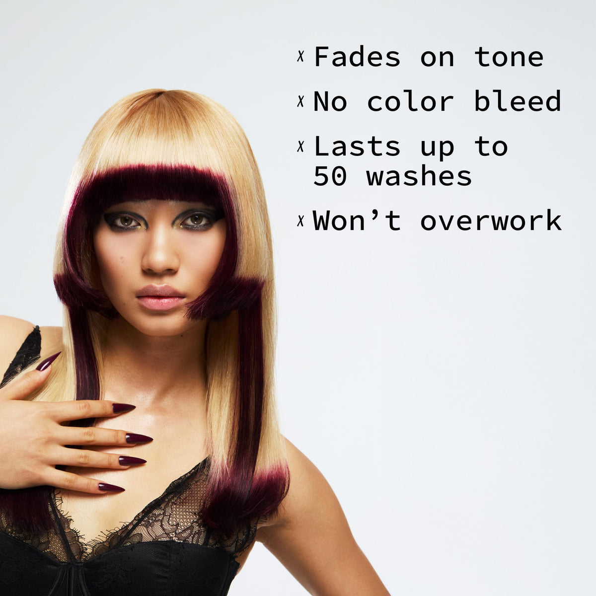 Pulp Riot Fireball applied on blonde hair illustrating vivid magenta-red payoff
