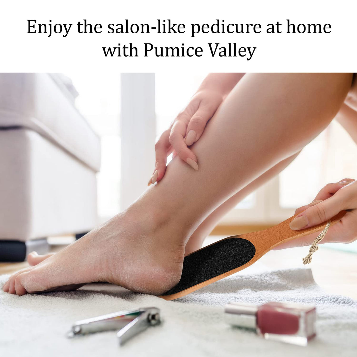Pumice Valley foot file next to moisturizer, promotes smoother heels