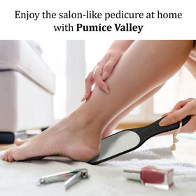 Pumice Valley on bathroom counter styled to show easy at-home pedicure benefit