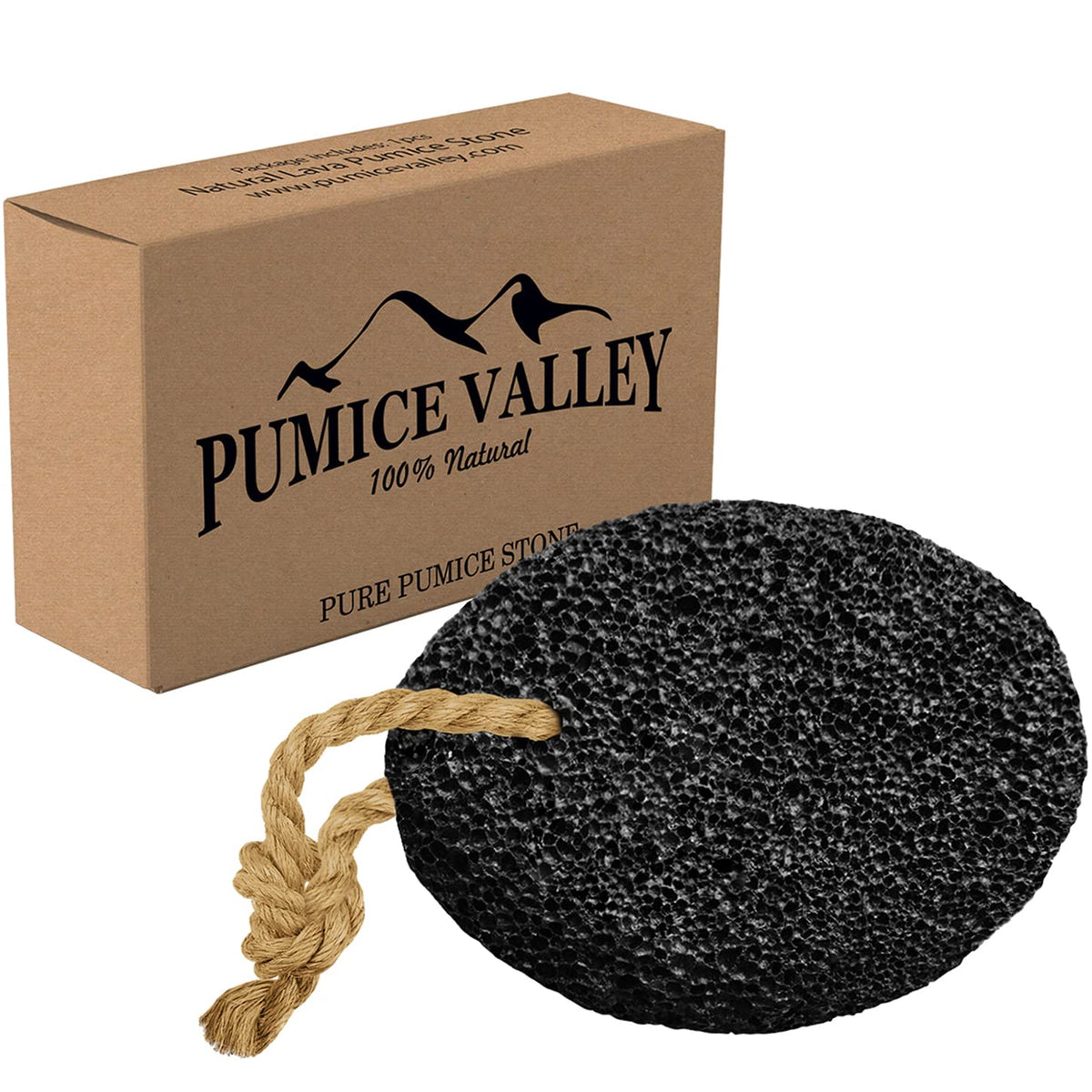Pumice Valley front view showing compact black lava stone and benefit gentle exfoliation