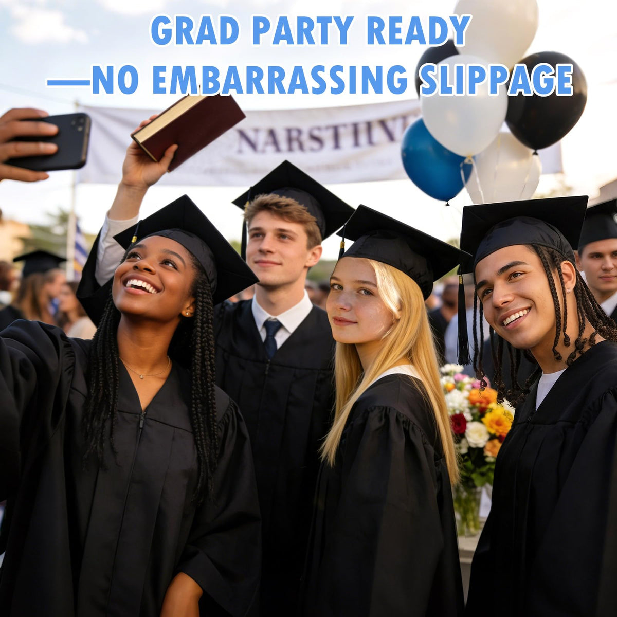 PUNCHMAN mortarboard in ceremony setting showing reliable hold during procession