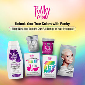 Punky styled purple hair in lifestyle shot showing lasting vibrancy benefit