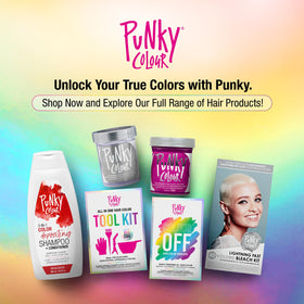 Punky Redilicious bottle next to towel showing at-home salon convenience