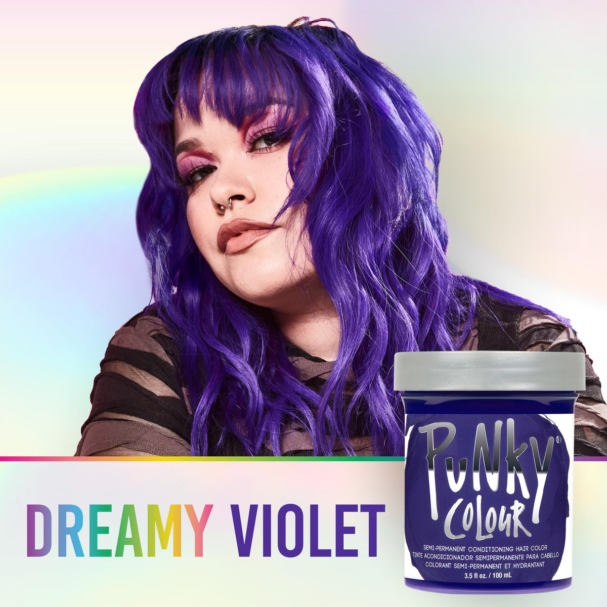 Punky violet applied to bleached hair ends showing vibrant violet payoff benefit
