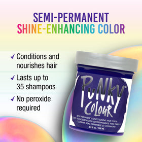 Punky violet cream texture poured on white surface, brand conditioner feel benefit