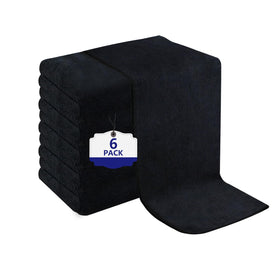 Puomue front view of six black salon towels showing clean professional look and durability